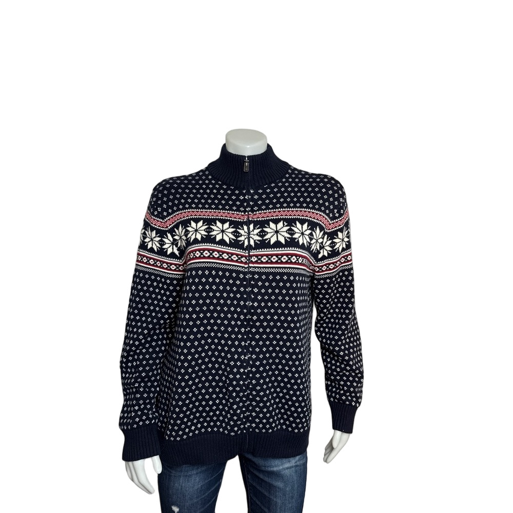 HUDSON NORTH - Snowflake Zipper Sweater. Navy, red, ivory. Large